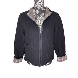 Norton Studio Petites Black Wool Blend Zip Jacket Plaid Lining Pockets PL Women